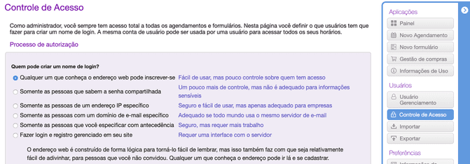 Opções de Controle de Acesso
