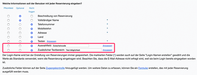 Informationen online Terminbuchung anpassen mit anpassungsfähigen Zusatzfeldern