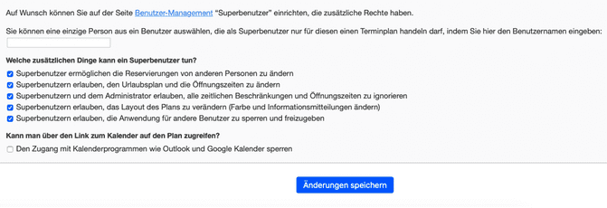 Extra Rechte im Zugang zum online Terminkalender mit Zugangseinstellungen für Superbenutzer