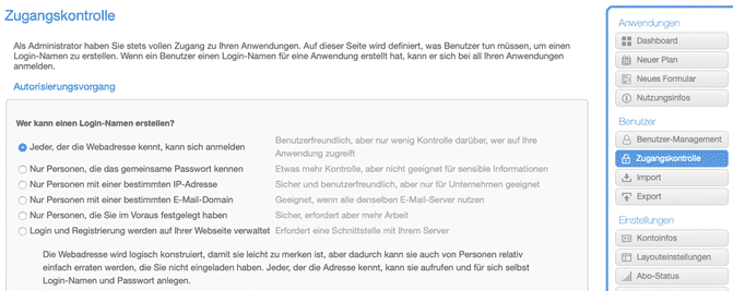 Zugang online Buchungssystem Auswahlmöglichkeiten