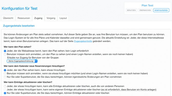 Zugang zum online Terminkalender nur für angemeldete Benutzer in den Zugangseinstellungen