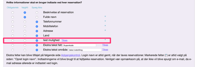 Felt for registrering