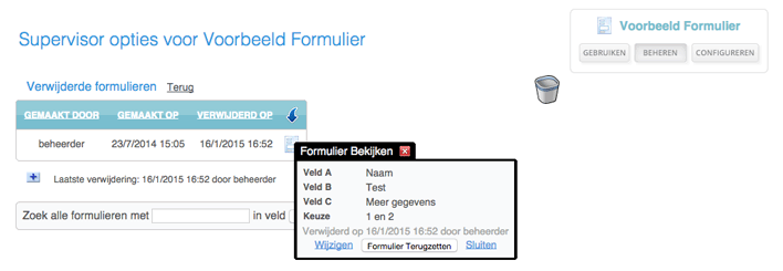Overzicht van formulieren in de prullenbak