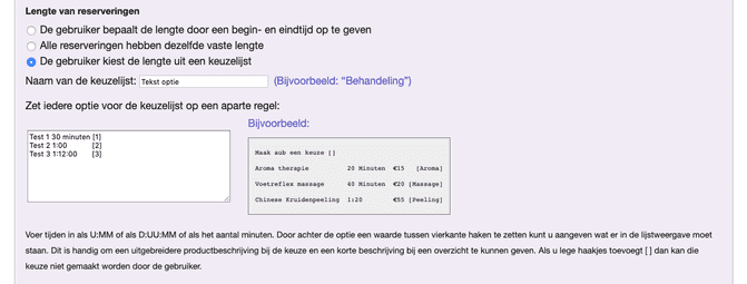 Selectielijst met lengte-opties