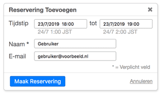 Reservering popup met tijdzone en datum