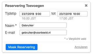 Reservering popup met tijdzone